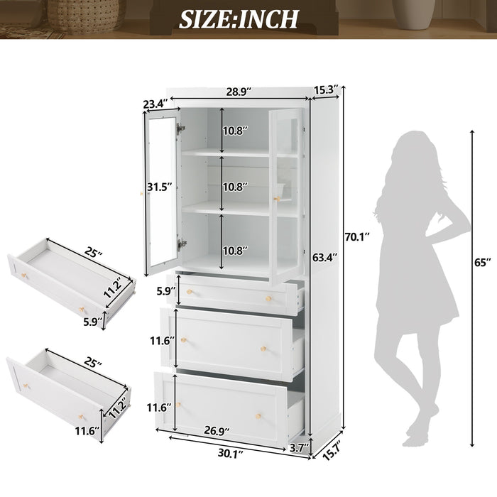 Freestanding Tall Bathroom Cabinet With Adjustable Shelves, Drawers, Soft Close Glass Doors
