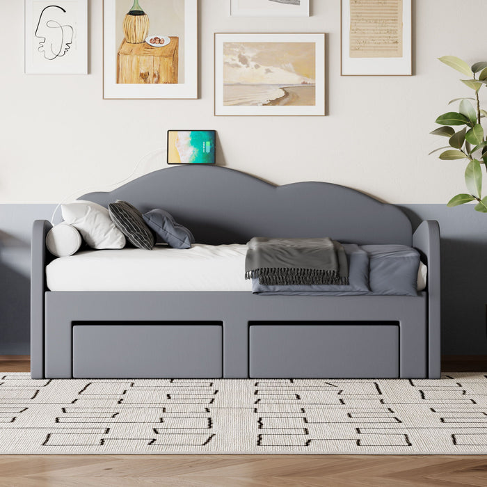 Upholstered Daybed With Cloud-Shaped Backrest, Trundle & 2 Drawers And USB Ports