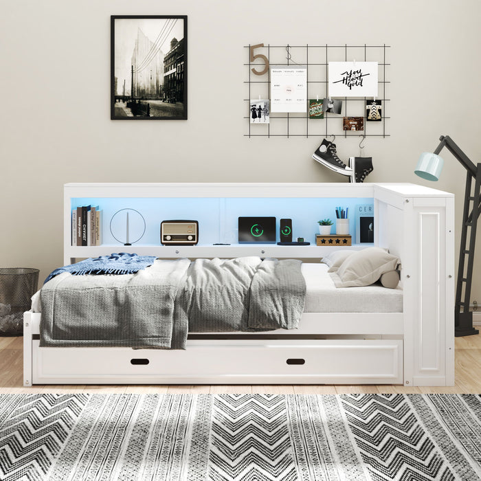 Daybed With Storage Shelves, LED, USB, And Trundle