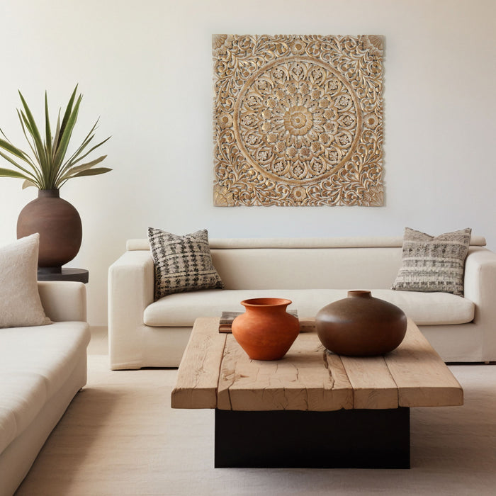 Floral Hand Carved Mandala Square Wall Decor With Spiritual Symbolism - Gold / White