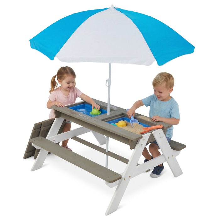 Wooden Kids Picnic Table, Sand And Water Table With Umbrella, Activity Table For Outdoor Backyard Patio Play - White / Gray