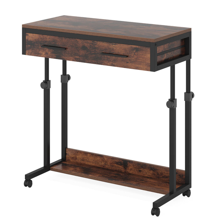 Portable Laptop Desk With Drawer & Wheels, Height Adjustable, Storage Shelf - Brown / Black