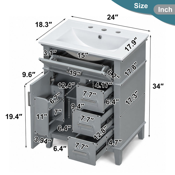 Modern Bathroom Vanity With Sink, Flip Drawer & 3 Drawers, Soft Close Hinges, Adjustable Shelf