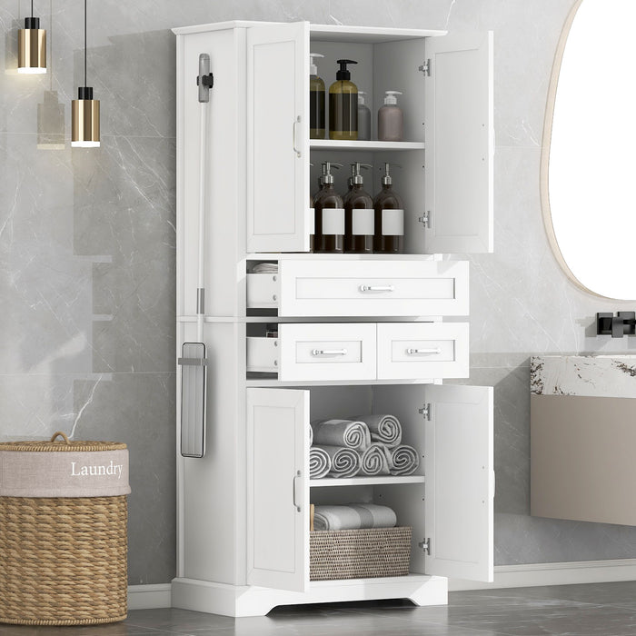 Tall Bathroom Storage Cabinet With 4 Doors 3 Drawers Adjustable Shelves - White