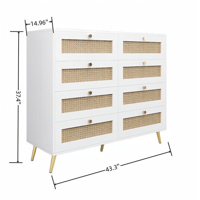 8 Drawers Chest Of Drawers With Rattan Drawer Face Golden Legs And Handles - White