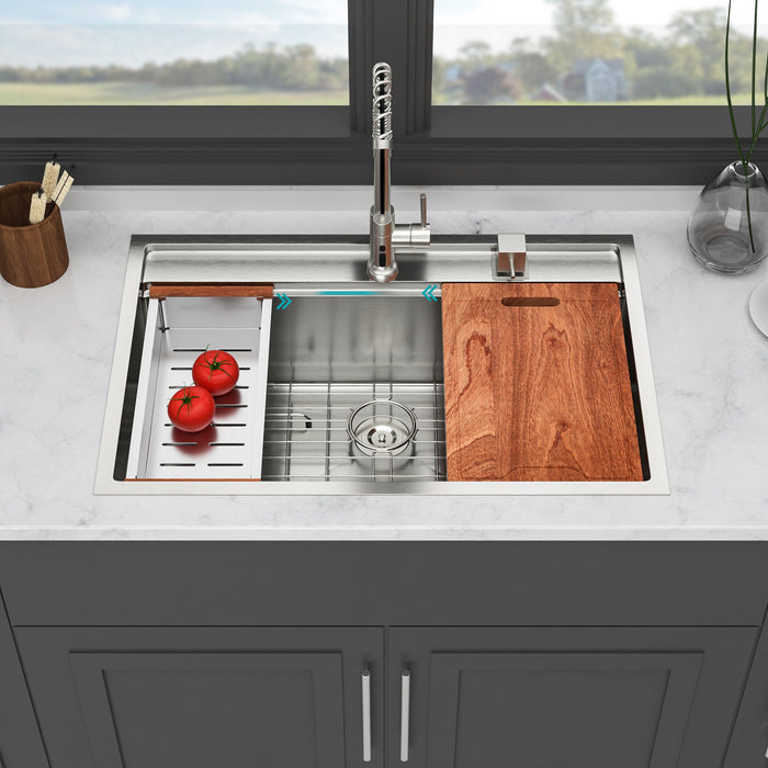 33" Drop In Kitchen Sink With Workstation, 16 Gauge Stainless Steel - Brushed Nickel