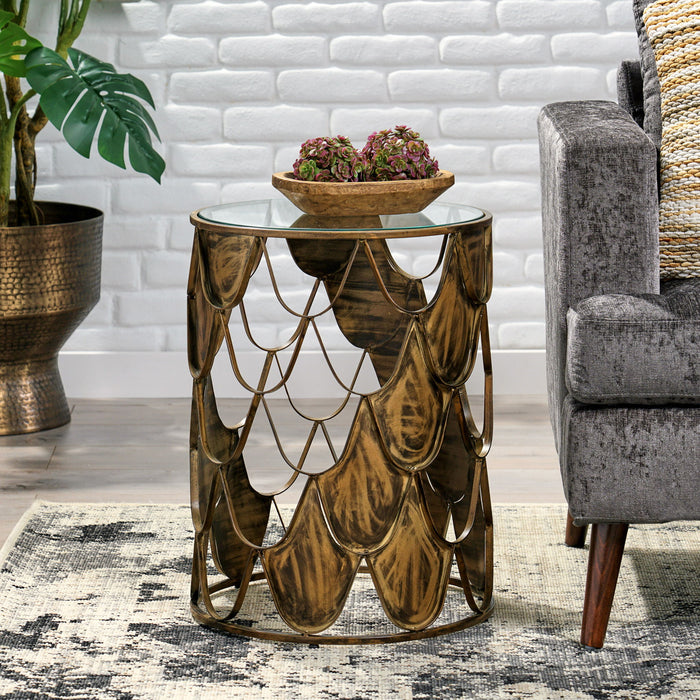 Boho Glam Pino Side Table With Fish Scale Design Tempered Glass Top - Brown