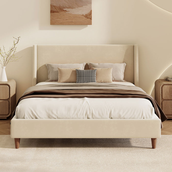Modern Velvet Upholstered Platform Bed With Wingback Headboard