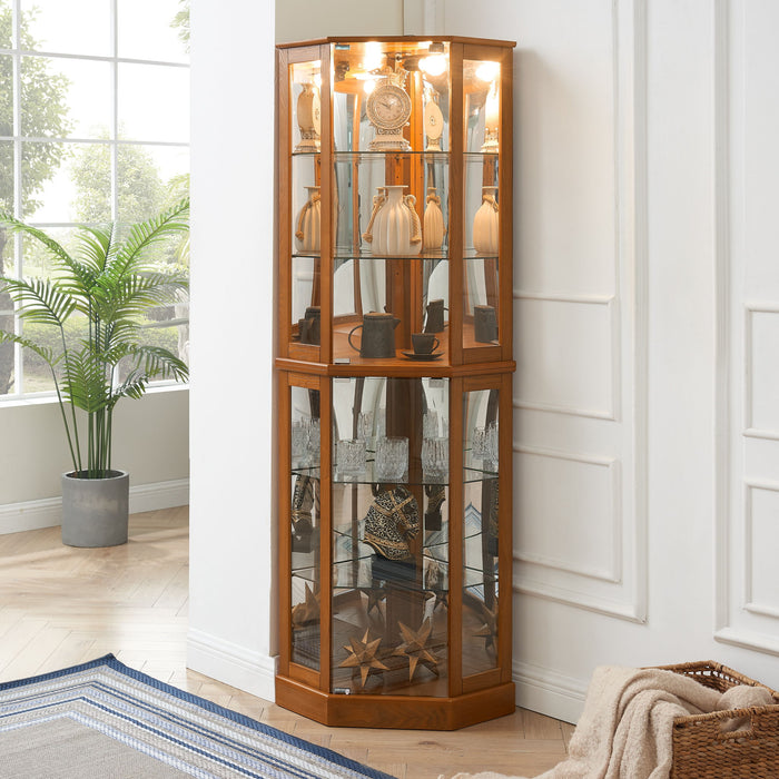 6 Shelf Corner Curio Display Cabinet With Lights, Mirrors And Adjustable Shelves (E26 Light Bulb Not Included) - Oak