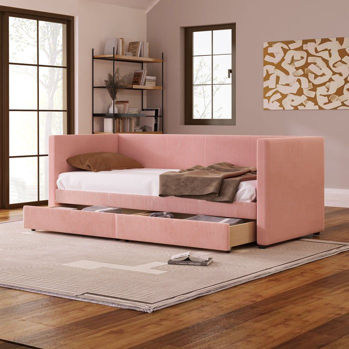 Corduroy Daybed With Two Drawers And Wood Slat