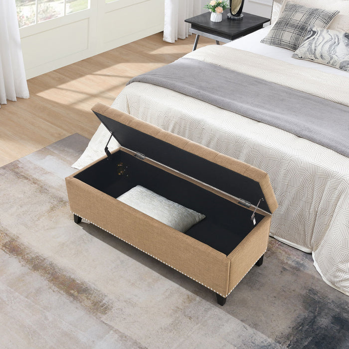 Button Tufted Storage Ottoman, Living Room Bench With Safety Close Hinge - Brown