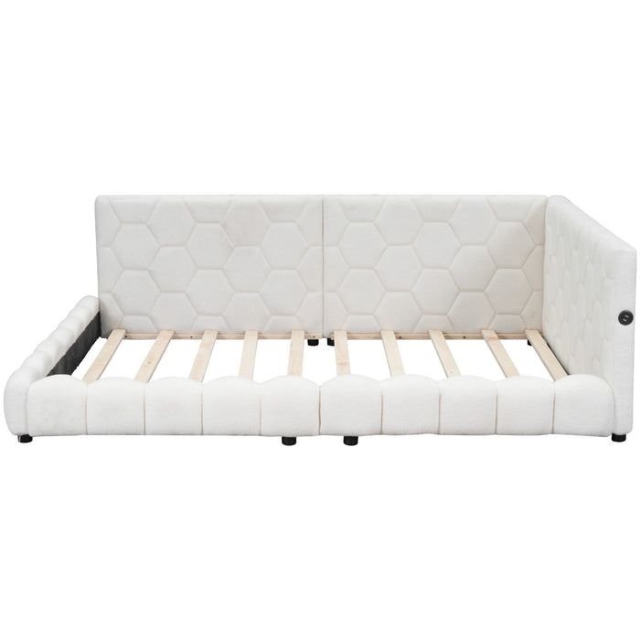 Upholstered Full Size Platform Bed With LED Belt And USB Ports - White