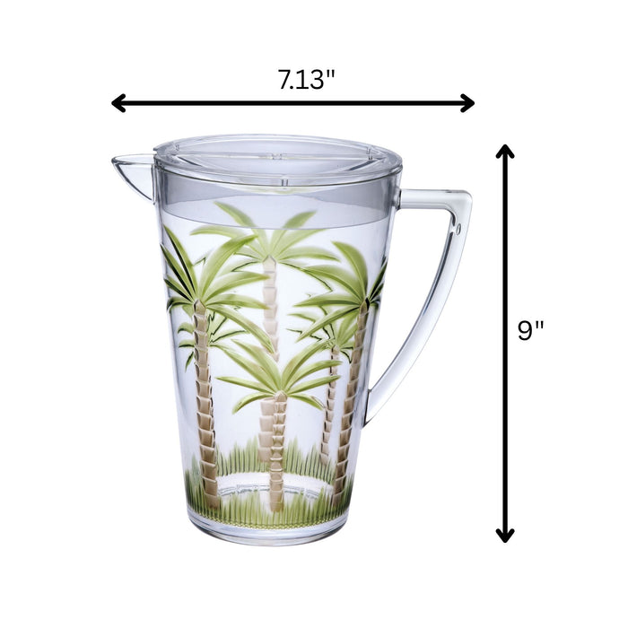 Unbreakable Plastic Water Pitcher With Lid, Palm Tree Design - Clear
