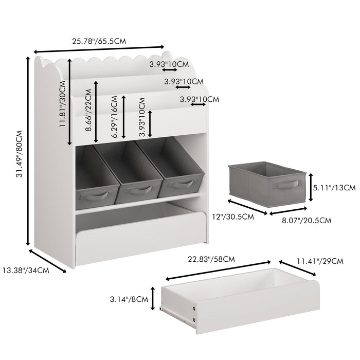 Bookshelf With Storage Bins And Drawer, Multi Functional Book Organizer For Toddlers - White