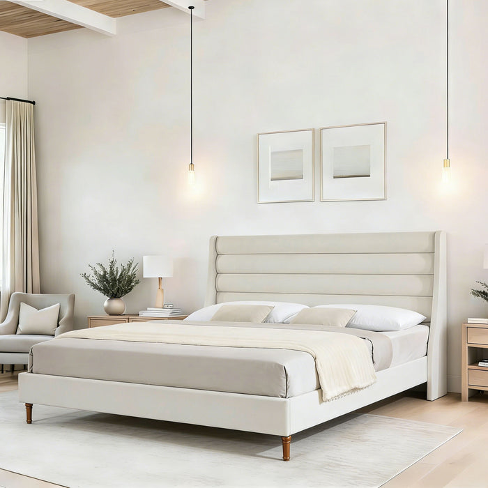 Modern Upholstered Platform Bed With Wave Shaped Headboard
