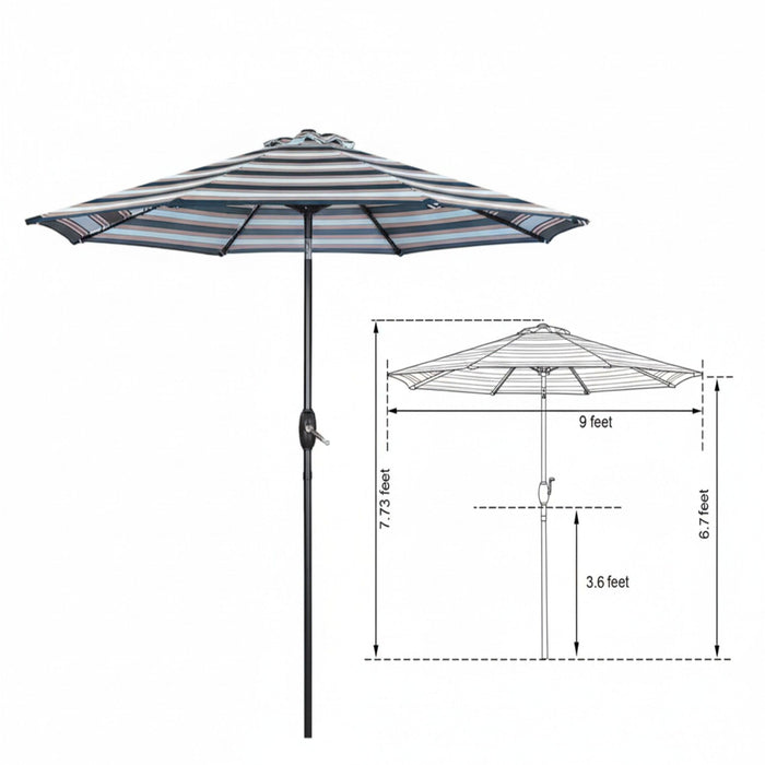 Patio Umbrella With Crank Lift & Push Button Tilt Frame, 200G / Sqm Solution Dyed Canopy - Blue Multi / Brown