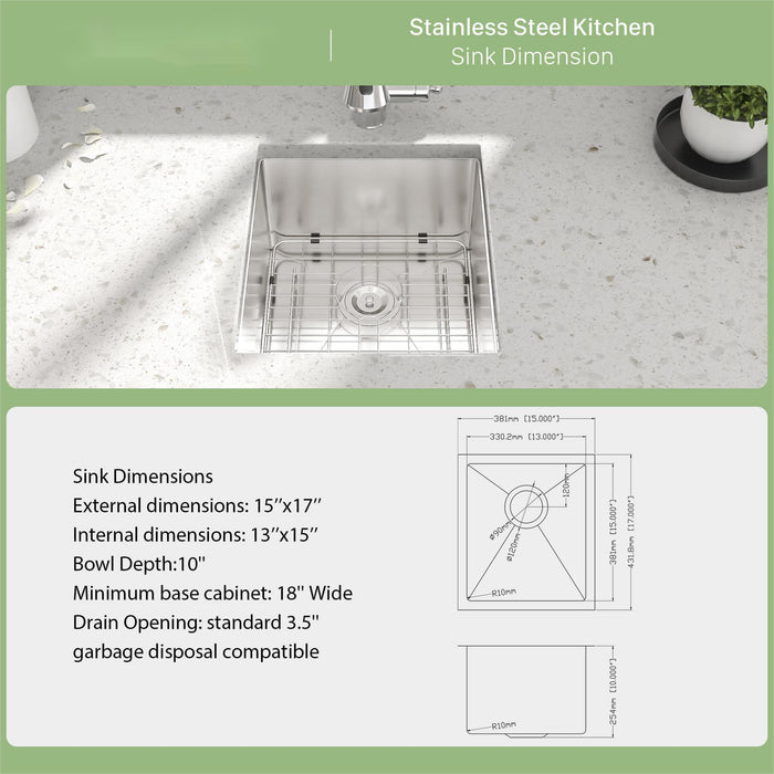 Modern Undermount Stainless Steel Kitchen Sink 16 Gauge, Deep Single Bowl