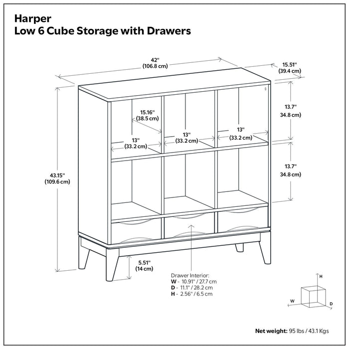 Harper - Low 6 Cube Storage With Drawers - Walnut Brown