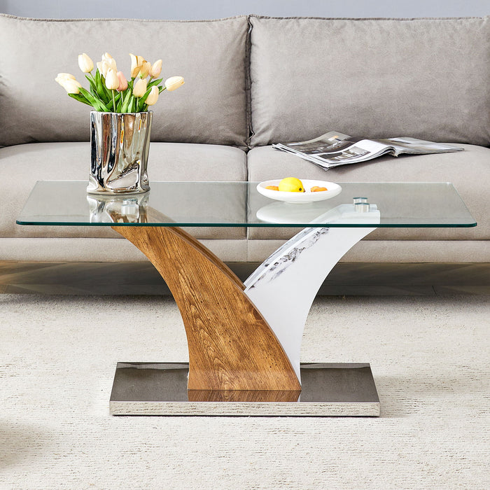 Modern Rectangular Coffee Table With Tempered Glass Top And Artistic Legs - White / Wood