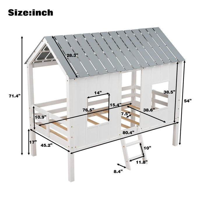Twin Size Low Loft House Bed With Roof And 2 Front Windows - White
