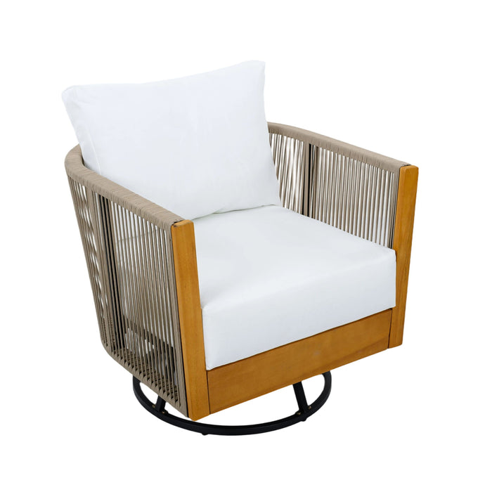 2 Swivel Chairs With Slat Top X Stretcher Side Table - Acacia Wood / Beige