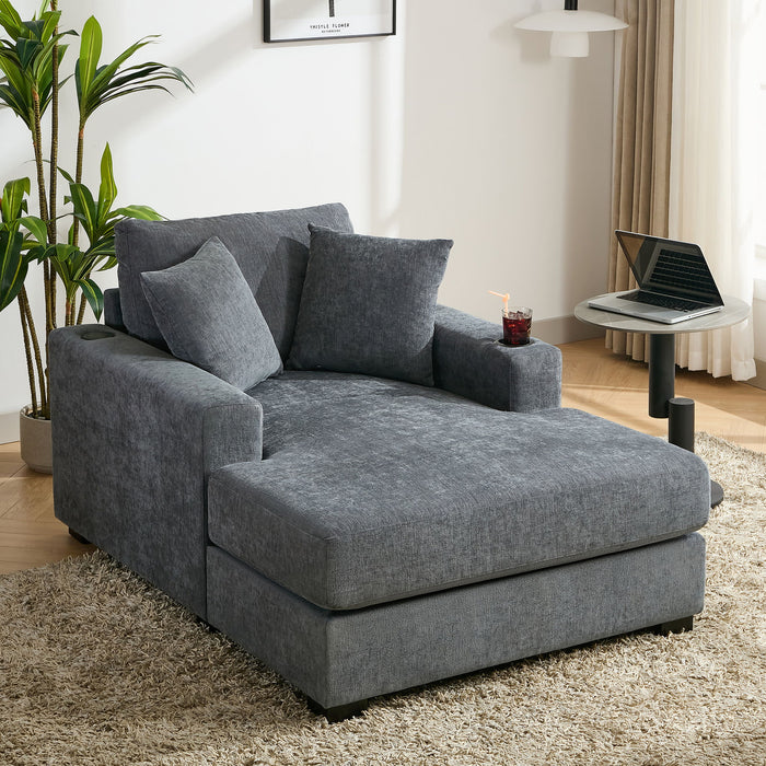 Oversized Chaise Lounger Modern Style Sofa Couch, With Pillows, Charge Station & Cup Holders