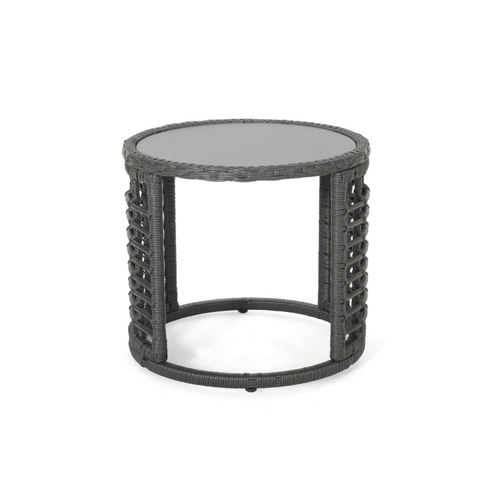 Achill - Outdoor Modern Boho Wicker Side Table With Glass Top - Gray
