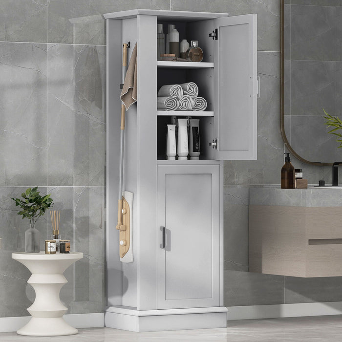 Tall Freestanding Bathroom Storage Cabinet With Adjustable Shelves And Side Hooks