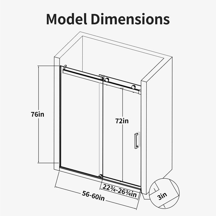 Frameless Single Sliding Soft Close Shower Doors, 3 / 8" Tempered Glass Reversible Installatio