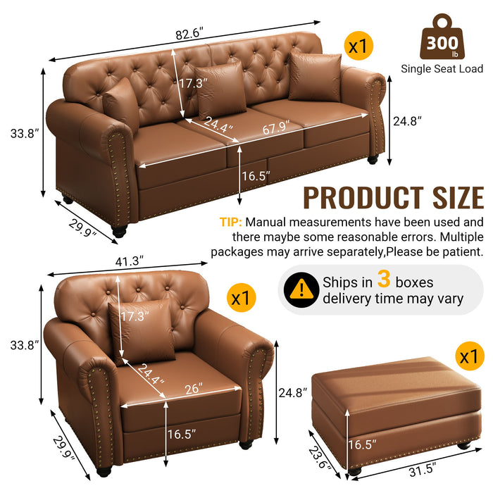 Upholstered Sofa With Nailhead Trim, Rolled Armrests With Ottoman