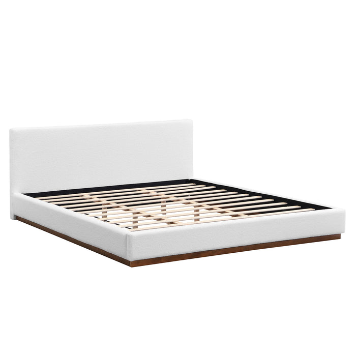 Elegant Boucle Upholstered Bed With Wood Grain Textured Solid Wood Base Frame