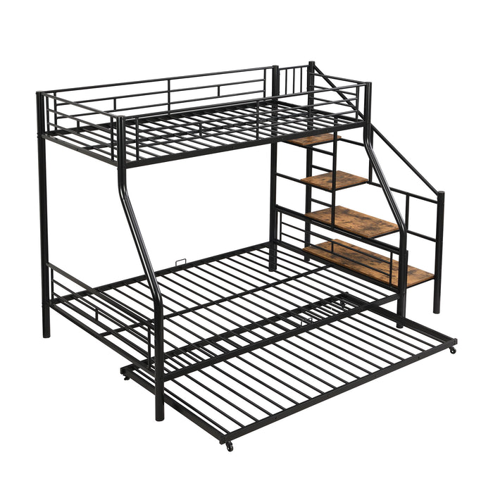 Twin Over Full Size Metal Bunk Bed With Trundle And Storage Staircase - Black