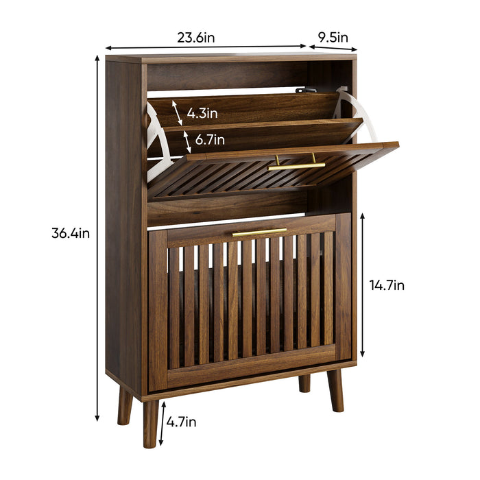 Medieval Modern Shoe Cabinet With 2 Flip Drawers And Fence Design