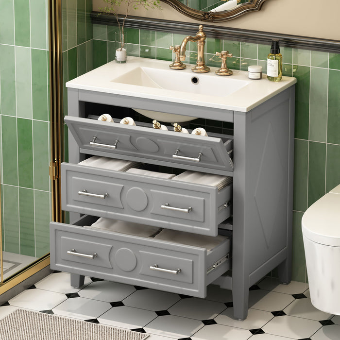 Retro Bathroom Vanity With Sink Combo, Free Standing Single Set With 3 Drawers