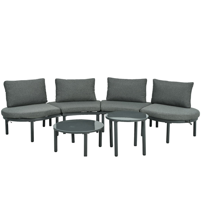 6 Piece Patio Set, Half Moon Outdoor Sectional Sofa With 2 High Low Coffee Tables, 4 Pillows & Cushions