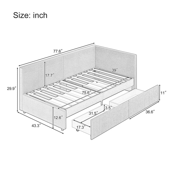 L-Shape Corner Bed, Corduroy Upholstered Daybed With 2 Storage Drawers And Vertical Striped Design