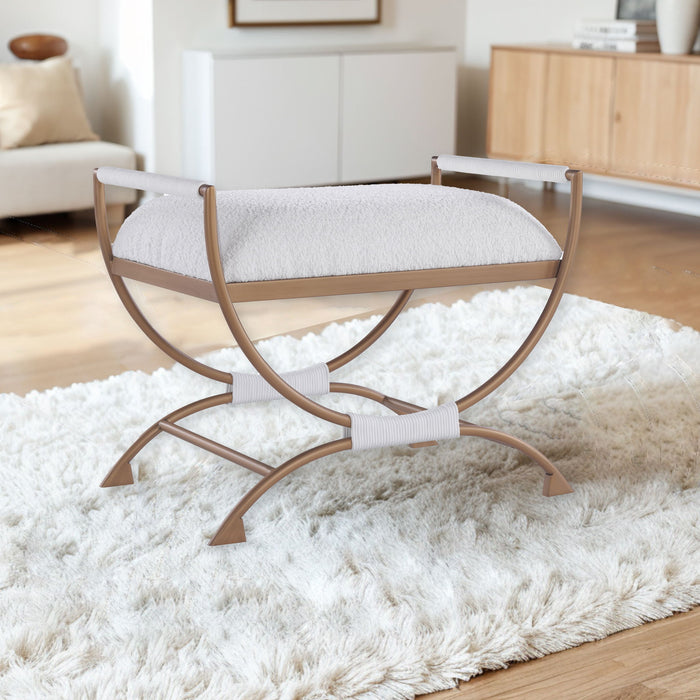 Nora - Bench With Bronze Metal Frame And Boucle Fabric Seat - White