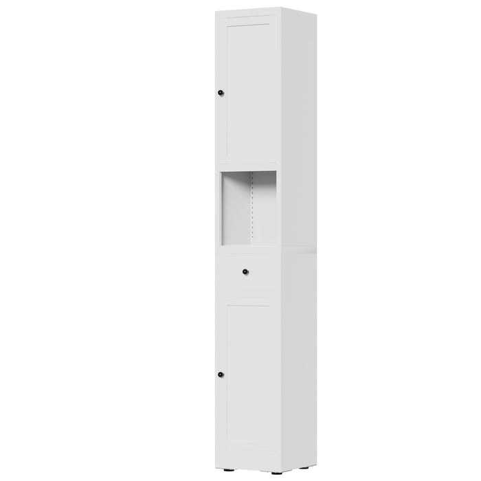 Tall Bathroom Storage Cabinet, 5-Tier Narrow With 2 Doors & Adjustable Shelves, Freestanding - White