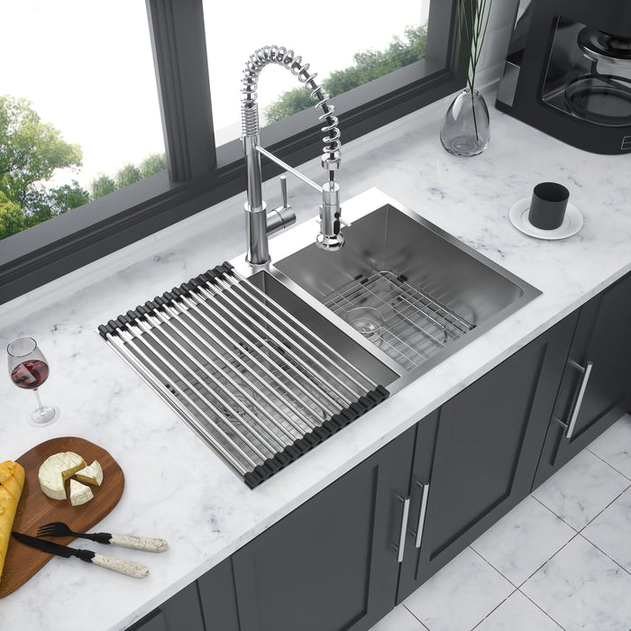 Double Bowl Drop In Sink, Stainless Steel With 50 / 50 Basins 18 Gauge - Brushed Nickel