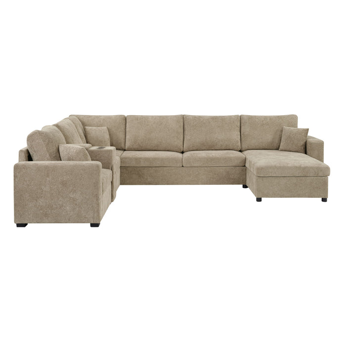 Modular 5 Seat U-Shape Sectional Sofa With Chaise Lounge, Built In Cup Holders And Storage Drawer