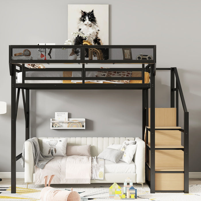 Full Size Loft Bed With Stairs With Storage Shelves With Wardrobe - Black