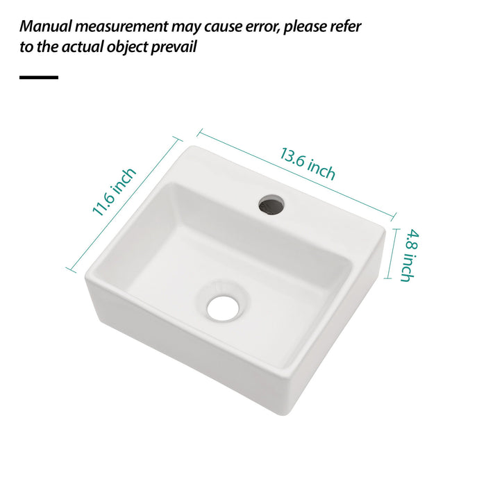 Ceramic Rectangle Wall Mount Bathroom Sink With Single Faucet Hole