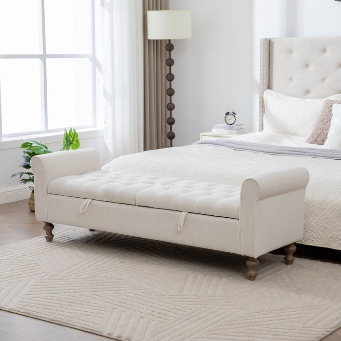 Modern Upholstered Storage Bench With Rolled Armrests]