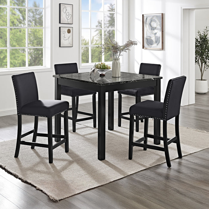 5 Piece Counter Height Dining Set With Table, Tufted Nail Head Chairs - Black