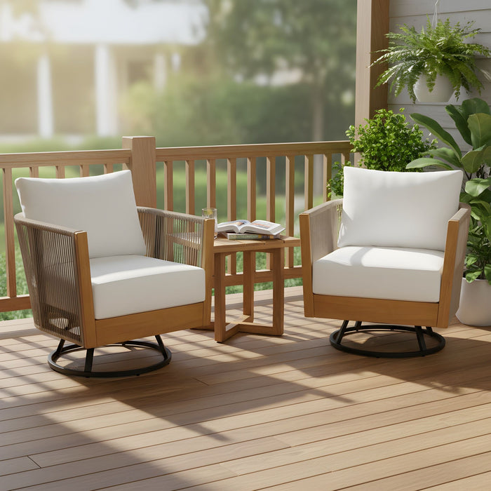 2 Swivel Chairs With Slat Top X Stretcher Side Table - Acacia Wood / Beige