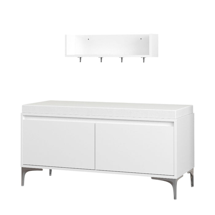 Wall Mounted Entryway Shelf With Hooks And Storage Bench Set - Off White