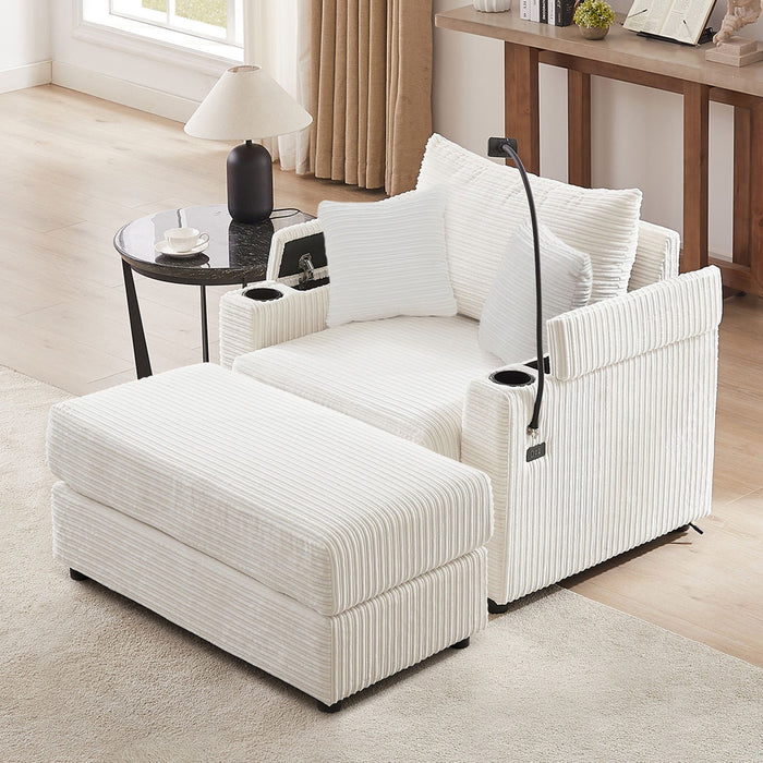 Single Sofa Couch With Storage Space, Movable Ottoman, USB Ports, Cup Holders, Phone Holder