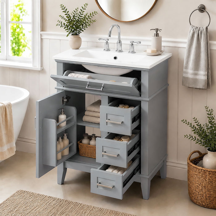 Modern Bathroom Vanity With Sink, Flip Drawer & 3 Drawers, Soft Close Hinges, Adjustable Shelf