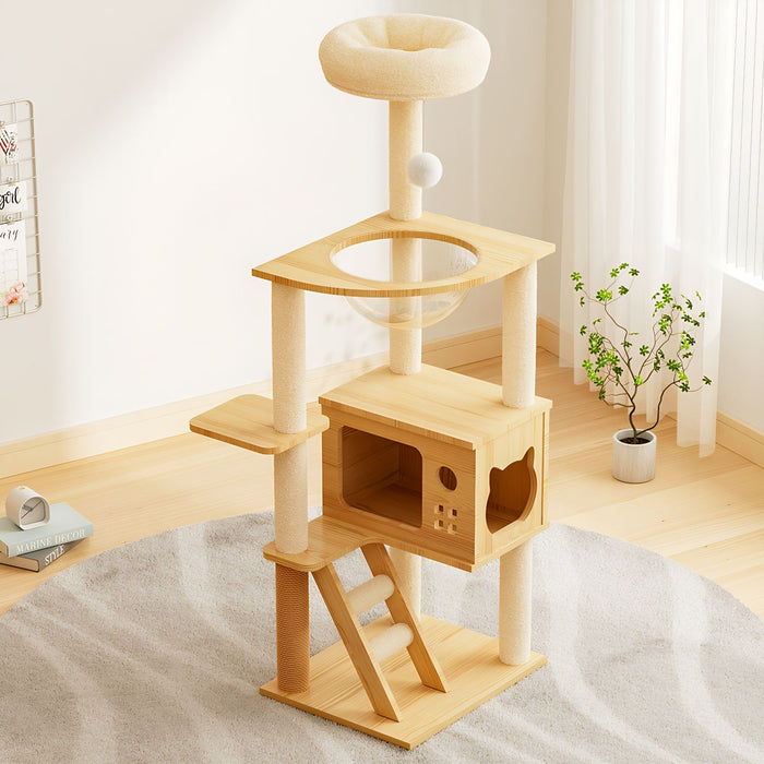 Modern Cat Tower, Wood Cat Tree Tower For Indoor Cats, Cat Tree With Sisal Covered Scratching Posts And Top Perch - Natural / White