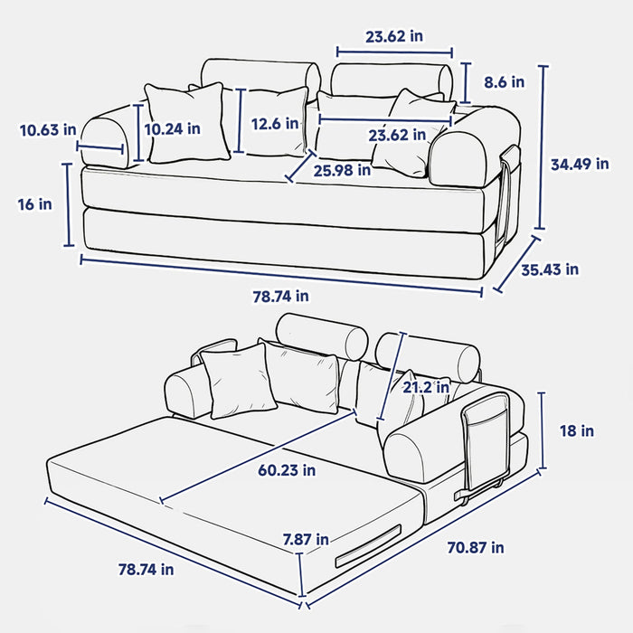 Convertible Sleeper Sofa Bed, Foldable Multi Functional Couch For Living Room - White